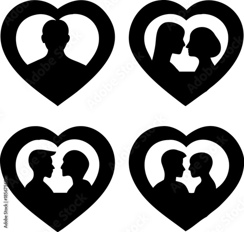 Diverse couple silhouettes in heart shapes representing love romance and relationships set against a transparent background vector illustration