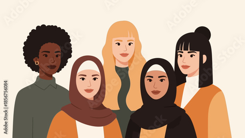 Group of diverse women from different cultures and ethnicities standing together.