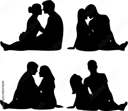Intimate silhouettes of couples sitting together embracing and kissing vector illustration showcasing affection romance and passion between partners in various tender poses and styles