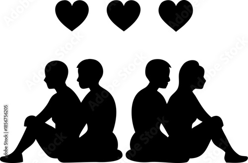 Four people sitting back to back in silhouette two couples facing away from each other potentially indicating distance or conflict in relationship status vector illustration with hearts above