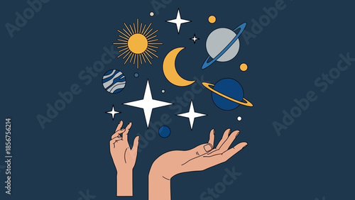 Magical illustration of hands holding celestial and cosmic elements.