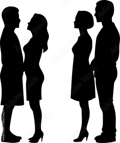 Silhouettes of two couples standing close facing each other showcasing moments of romantic interest and intimate relationship building vector art