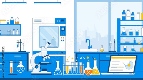 Modern Scientific Laboratory Interior with Research Equipment.