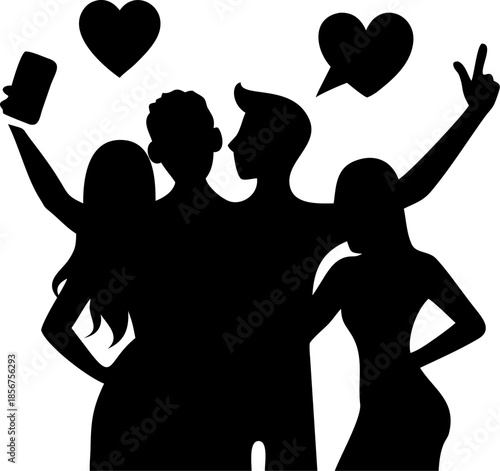 Silhouette group of friends taking selfie with phone having fun together at party or celebration event with heart symbols above heads representing love and friendship bond in black
