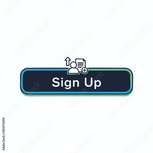 A blue button with "Sign Up" text and an illustration of a person and a document