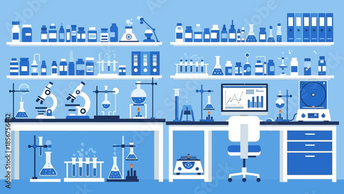 Scientific research laboratory interior with various equipment and tools.