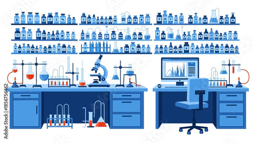 Scientific research laboratory interior with modern equipment and furniture.