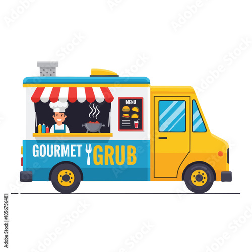 Cartoon food truck with awning, chef, and menu. Blue and yellow colors, isolated on white