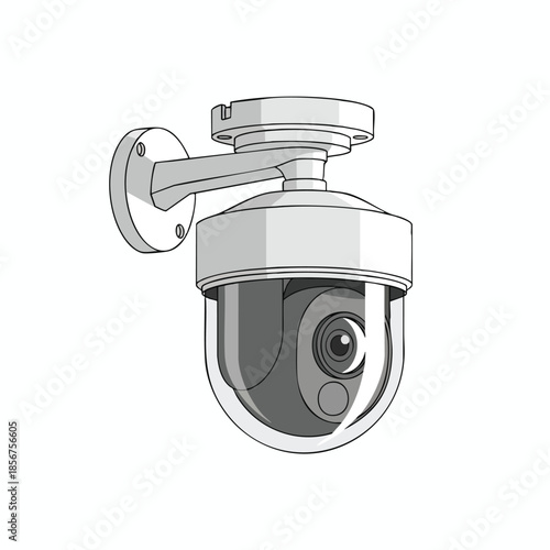 A security camera, depicted in monochrome, is mounted to a wall