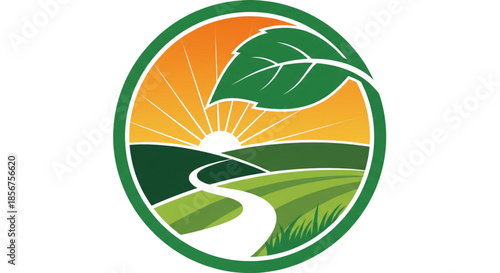 Sustainable Agriculture Logo Icon Green Leaf Sunburst Landscape Fields Path Journey