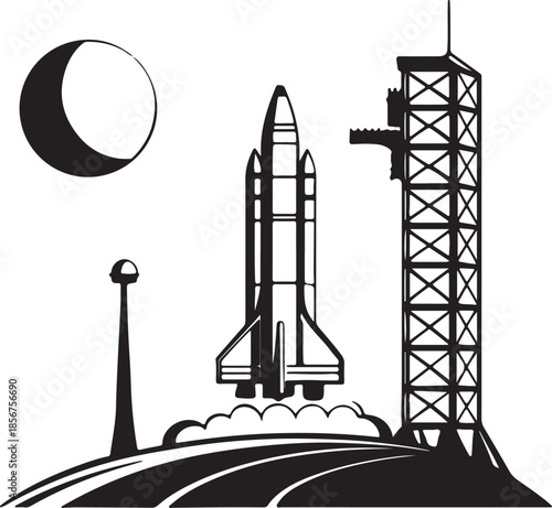 Futuristic rocket launching from moon base silhouette vector