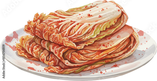 Kimchi Korean Fermented Cabbage on Plate – Hand Drawn Watercolor Food Illustration