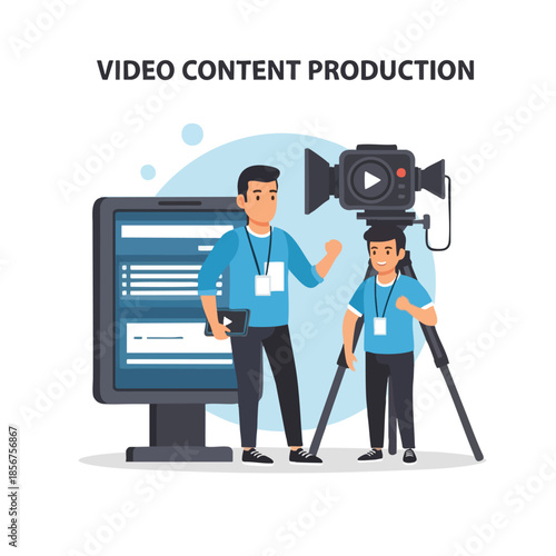 Illustration depicting video production team with camera, monitor, and tablet