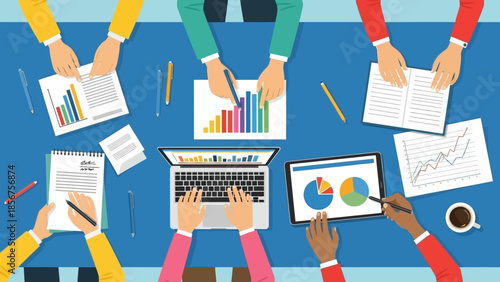 Top view of a diverse business team collaborating on a project.