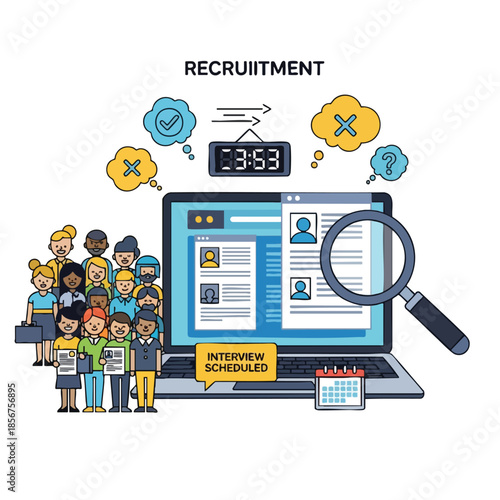 Illustration of recruitment concept with laptop, people, clock, and thought bubbles