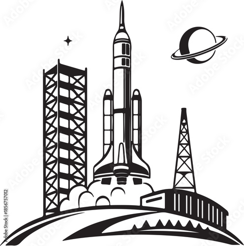 Futuristic rocket launching from moon base silhouette vector