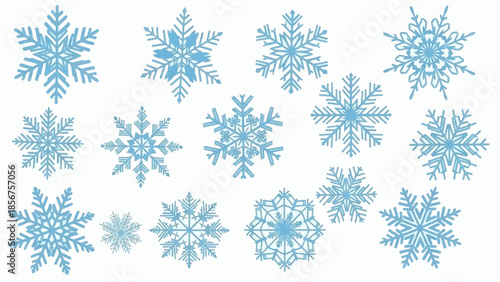 A beautiful collection of various intricate blue snowflakes.