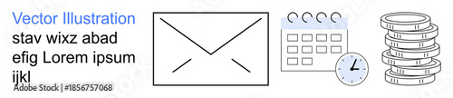 Communication, time management, financial planning, online services, business tools, scheduling. Envelope icon with calendar, stack of coins and clock. Communication and time management
