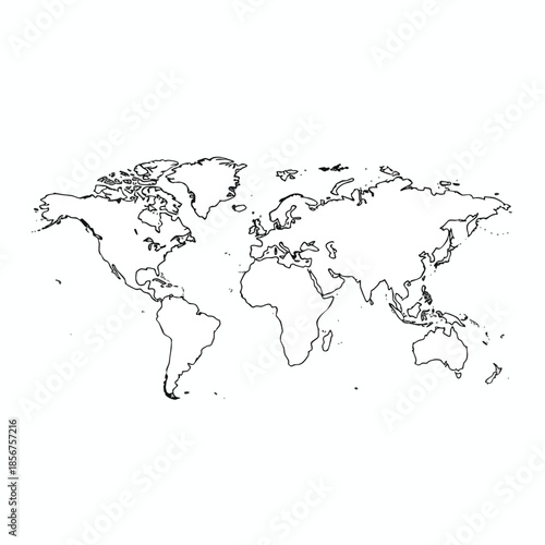 A simple outline map of the world with landmasses represented by black lines
