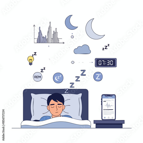 Illustration of person sleeping with sleep symbols and phone tracking sleep patterns