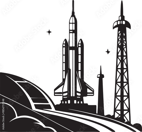 Futuristic rocket launching from moon base silhouette vector