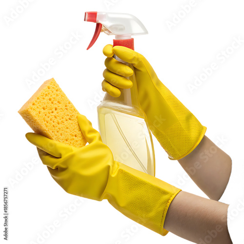 hand in yellow glove with sponge and cleaning liquid isolated on a transparent background