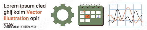 Team collaboration, data analysis, project planning, workflow optimization, business management, productivity. Gear icon, calendar and data graph. Project planning and workflow optimization