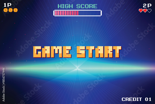 GAME START. pixel art. Retro Futurism Sci-Fi Background. glowing neon grid and star from vintage arcade computer games