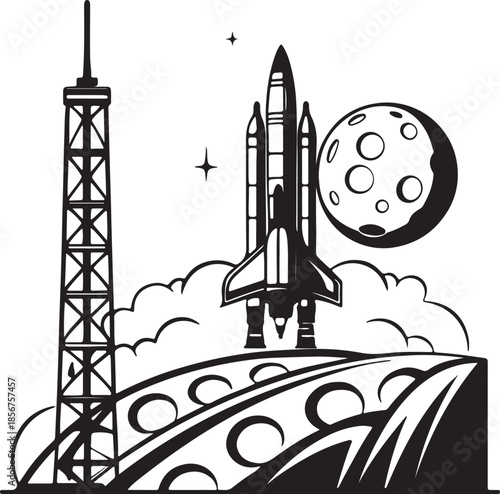 Futuristic rocket launching from moon base silhouette vector