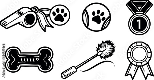 Dog training and reward icons with whistle bone paw print medal and ribbon vector set