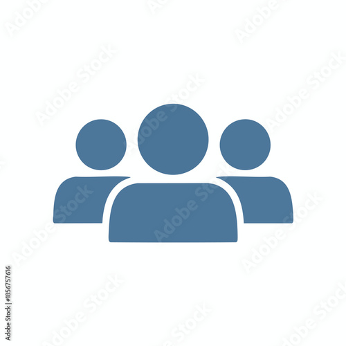 Blue icon depicting three figures, circles on top of abstract, solid person shapes