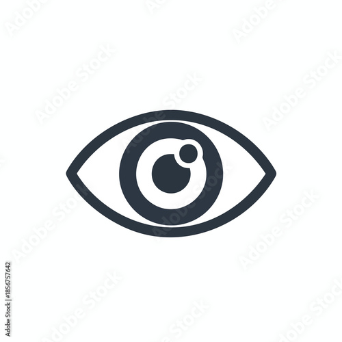 Stylized eye icon in dark blue with pupil and iris details against white