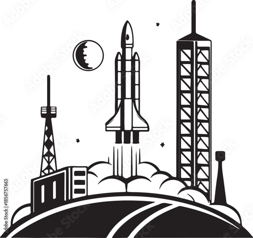 Futuristic rocket launching from moon base silhouette vector