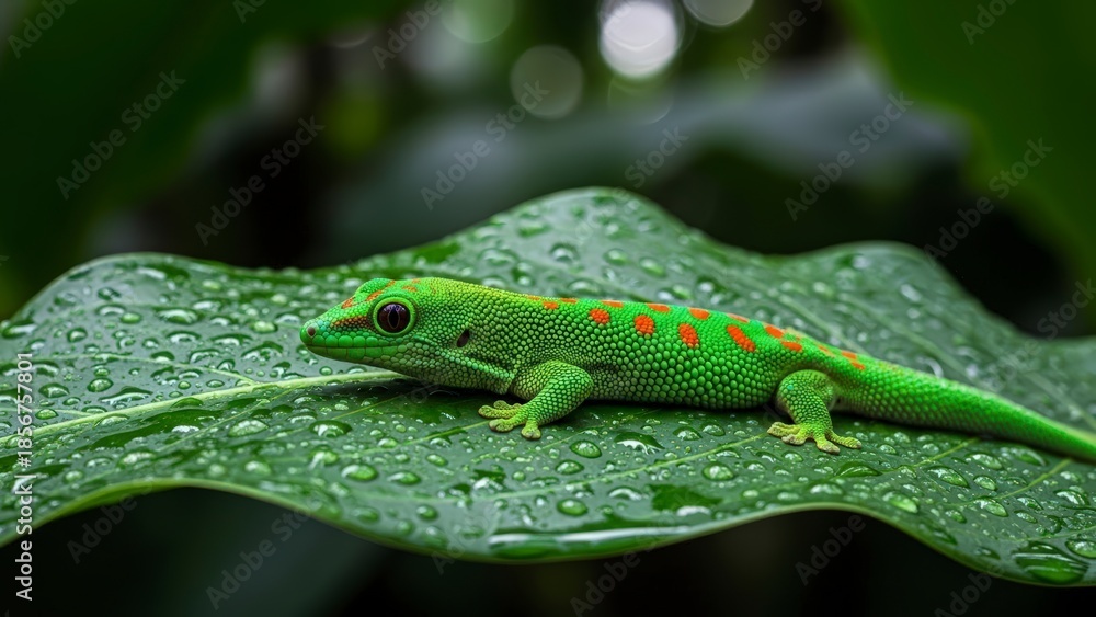 Fototapeta premium Vibrant Green Gecko Resting on a Dew-Kissed Leaf in a Tropical Setting.