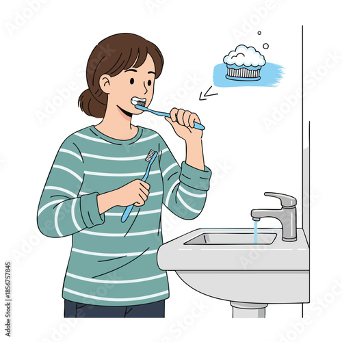 A person in a striped shirt brushes teeth, sink and a toothbrush graphic present
