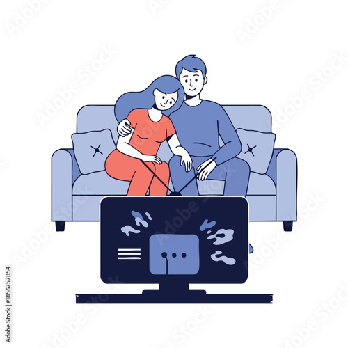 A couple cuddles on a couch, watching a TV displaying abstract shapes