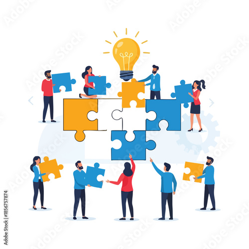 Team of people assembling a puzzle with a lightbulb