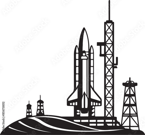 Futuristic rocket launching from moon base silhouette vector