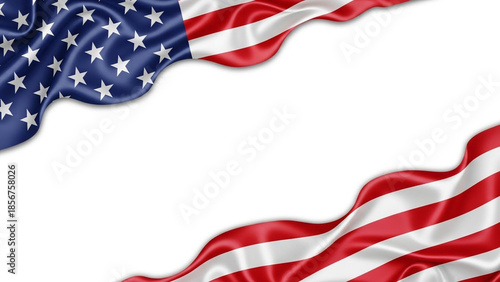 Waving American flag silk fabric border with white background, conceptual patriotic celebration and national pride