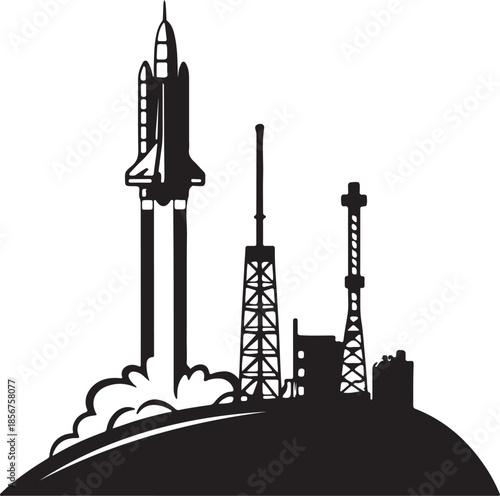 Futuristic rocket launching from moon base silhouette vector