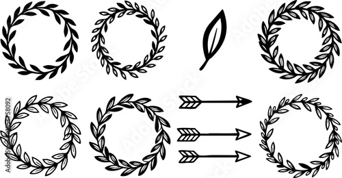 Laurel wreath vector set with arrow and leaf elements for decorative design and ornamental use in black line art style