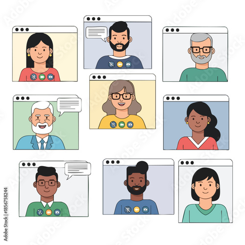 Cartoon illustrations of video call participants within screen borders, diverse group