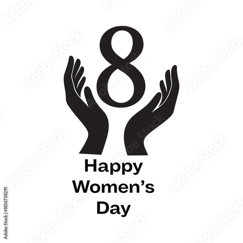  Black and White Graphic for International Women's Day with Number 8 and Raised Hands