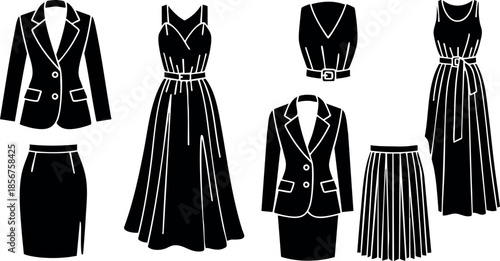 Womens fashion vector set with elegant suits and dresses including skirts and belts in black silhouette style