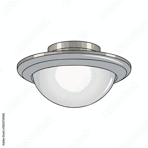 A ceiling light fixture with a rounded white light and a silver housing