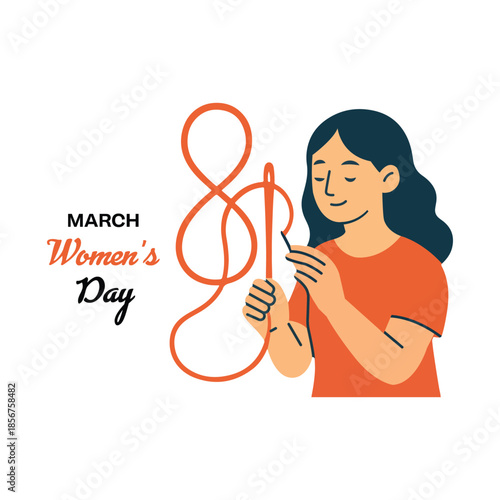  Illustration of Woman Holding Needle and Thread Forming Number Eight for International Women's Day