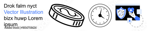 Finance, time management, digital security, online services, healthcare, technology. Coin, clock shield and healthcare symbols clearly. Finance and digital security conceptual illustration