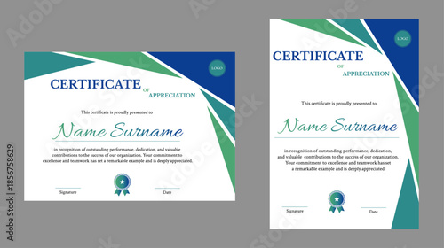 Modern certificate of appreciation with abstract green and blue geometric design in portrait and landscape