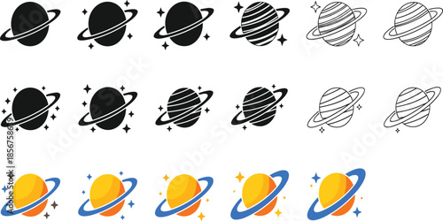 Saturn Planet Icon Set in Outline, Filled and Color Styles Showing Ringed Space Symbols for Astronomy, Science and Modern Graphic Design