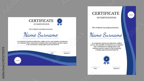 Certificate of participation for volunteer recognition, blue design in portrait and landscape layouts